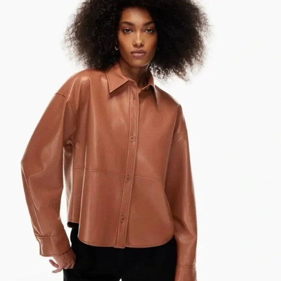 Aritzia Babaton Pelli Relaxed Vegan Leather Hip Shirt Jacket Brown Size Medium - Picture 4 of 10